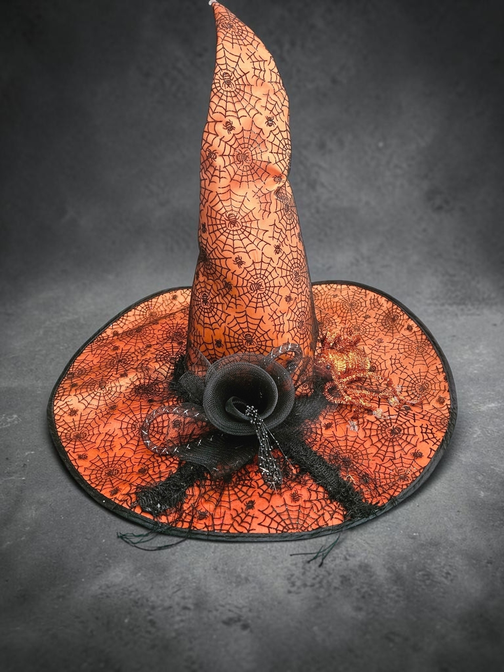 Witch Hat with Black Spiderwebs & Tulle Bow Spooky Costume Halloween Orange - Picture 4 of 4